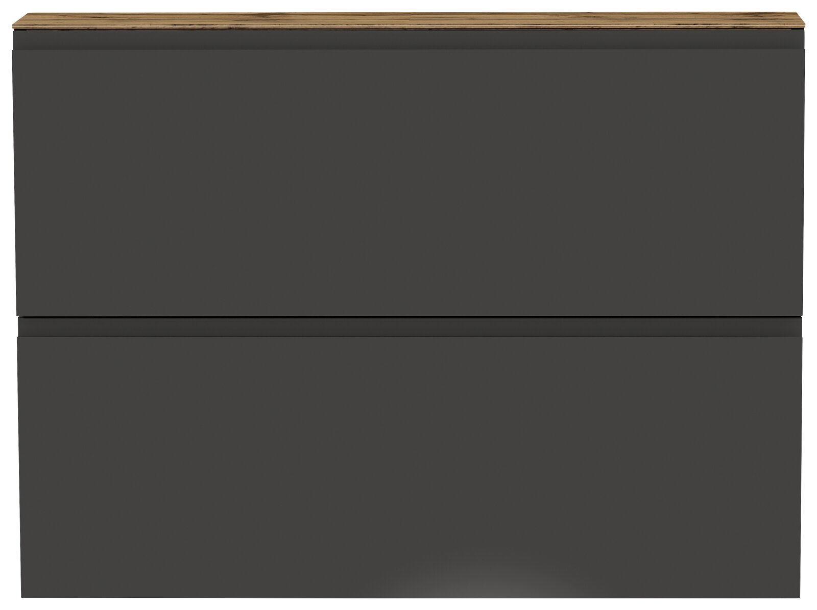 Frontansicht eines modernen, zweifarbigen Hängeschuhschranks mit dunkler Front und heller Holzoberfläche.