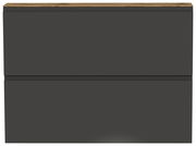 Frontansicht eines modernen, zweifarbigen Hängeschuhschranks mit dunkler Front und heller Holzoberfläche.