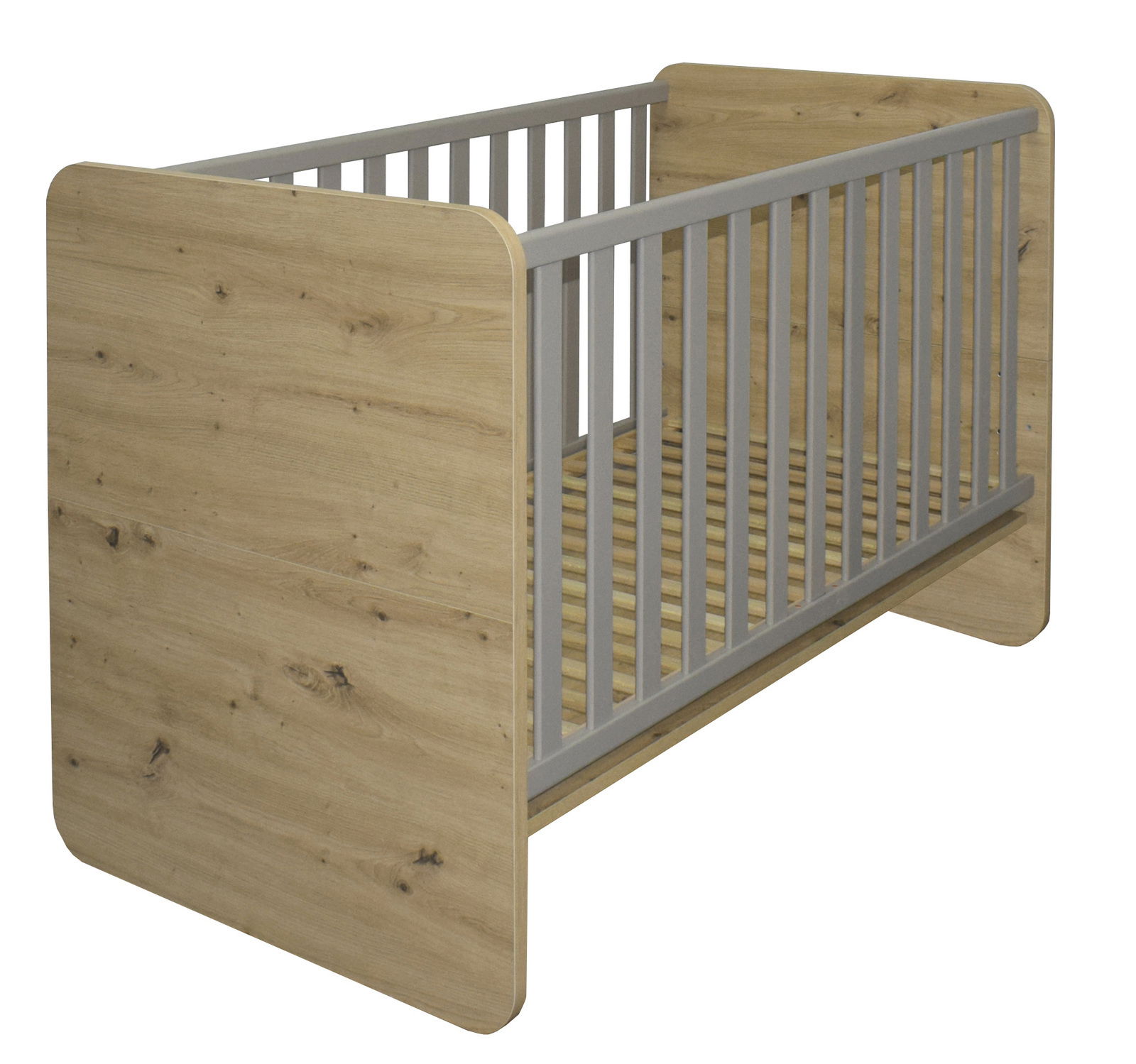 Babybett aus Holz mit grauen Gitterstäben, seitliche Perspektive