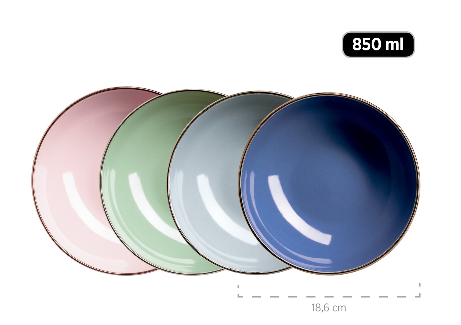 Vier runde, glänzende Keramikschalen/Teller in Pastellfarben (Rosa, Grün, Hellblau, Dunkelblau) mit goldfarbenem Rand, leicht überlappend, Ansicht von oben; Fassungsvermögen 850 ml, Durchmesser ca. 18,6 cm.