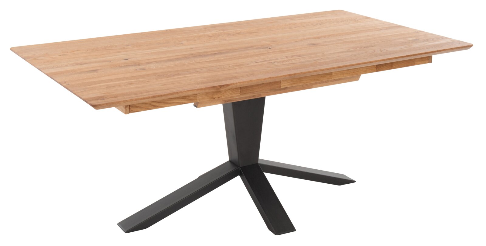 Moderner Esstisch mit rechteckiger Holzplatte und schwarzem Metallfuß, seitliche Perspektive