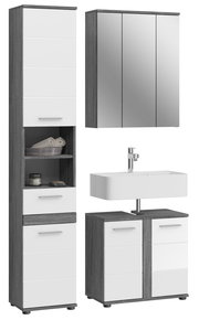 Moderne Badkombination mit Spiegelschrank, Waschbecken und Stauraum, frontal betrachtet.