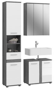Moderne Badkombination mit Spiegelschrank, Waschbecken und Stauraum, frontal betrachtet.