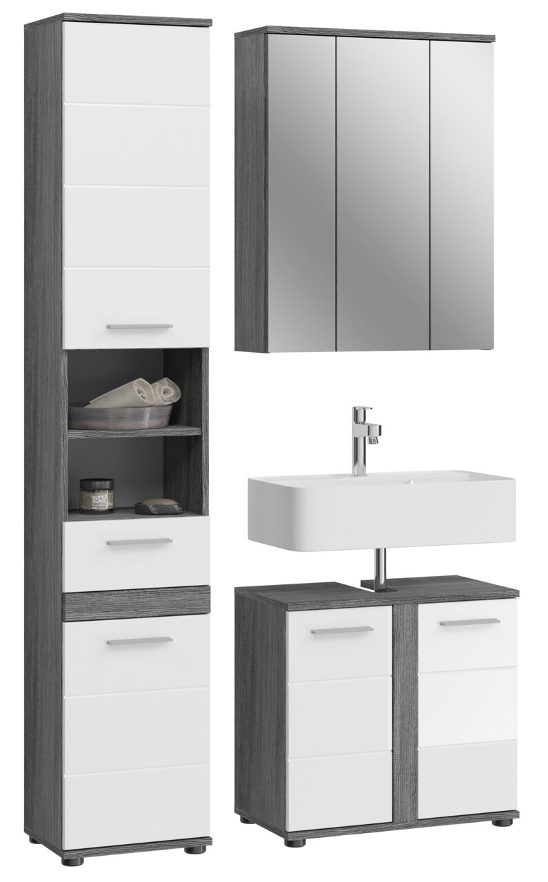 Moderne Badkombination mit Spiegelschrank, Waschbecken und Stauraum, frontal betrachtet.
