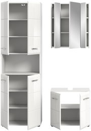 Weiße Badkombination mit mehreren Schränken und Spiegeln, aus verschiedenen Perspektiven gezeigt.