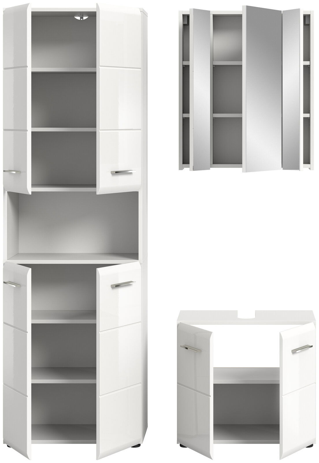 Weiße Badkombination mit mehreren Schränken und Spiegeln, aus verschiedenen Perspektiven gezeigt.