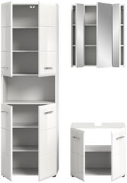 Weiße Badkombination mit mehreren Schränken und Spiegeln, aus verschiedenen Perspektiven gezeigt.