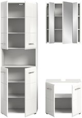 Weiße Badkombination mit mehreren Schränken und Spiegeln, aus verschiedenen Perspektiven gezeigt.