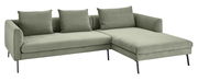 Grünes Ecksofa mit drei Kissen, rechteckige Form, moderne Metallfüße, Perspektive von vorne rechts