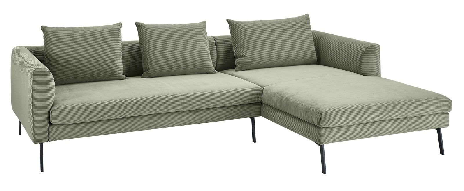 Grünes Ecksofa mit drei Kissen, rechteckige Form, moderne Metallfüße, Perspektive von vorne rechts