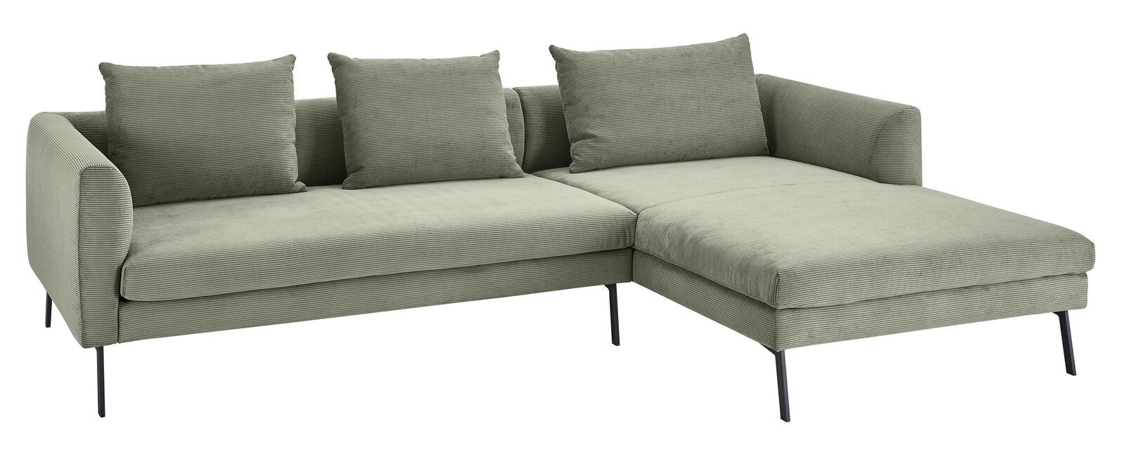 Grünes Ecksofa mit drei Kissen, rechteckige Form, moderne Metallfüße, Perspektive von vorne rechts
