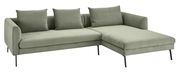 Grünes Ecksofa mit drei Kissen, rechteckige Form, moderne Metallfüße, Perspektive von vorne rechts