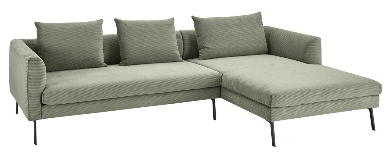 Lounge Handmade Ecksofa LH-ARONA 2.0 Grünes Ecksofa mit drei Kissen, rechteckige Form, moderne Metallfüße, Perspektive von vorne rechts