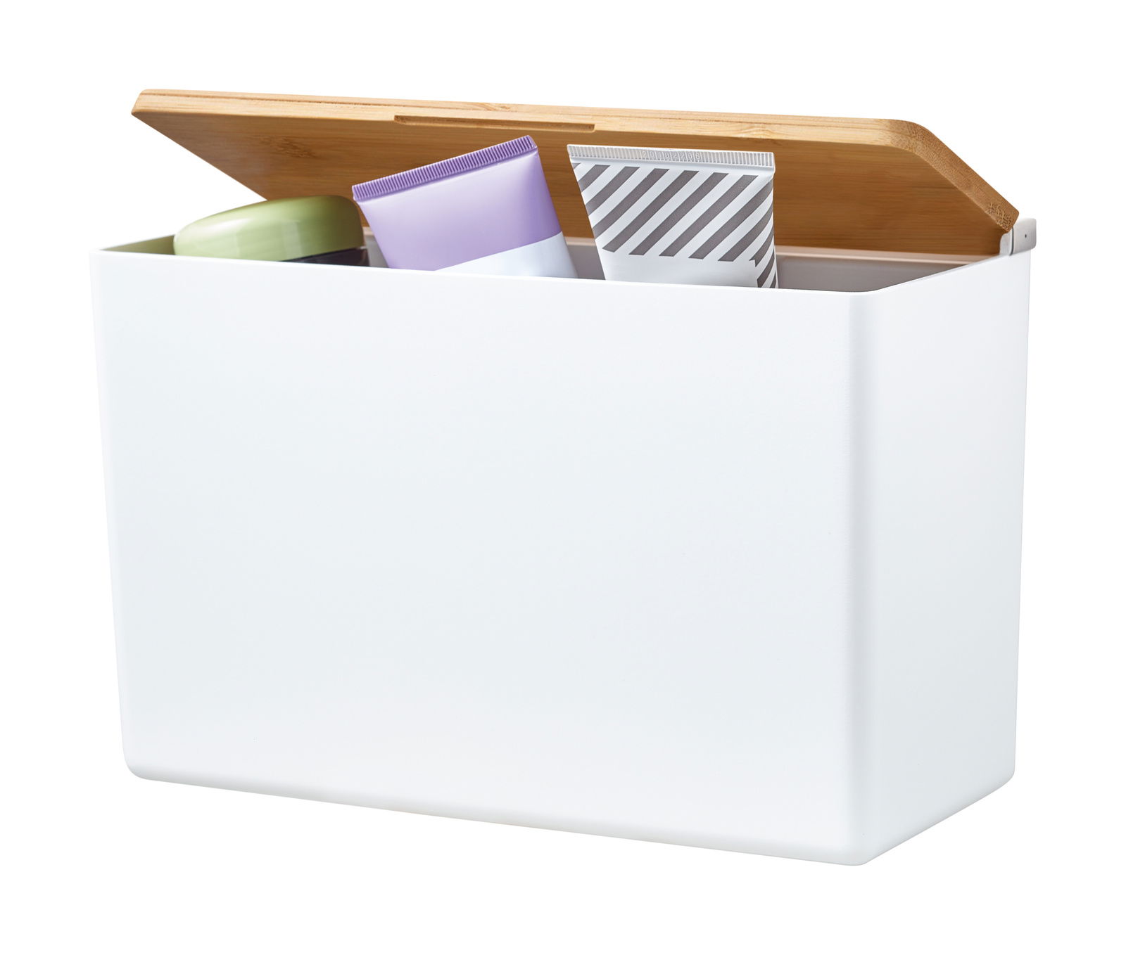 Weiße Aufbewahrungsbox XL mit offenem Bambusdeckel, gefüllt mit verschiedenen Kosmetikartikeln, seitliche Perspektive