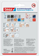 Rückansicht der Verpackung des tesa Ersatzbefestigungskits mit Anleitungen zur Anwendung und Montagehinweisen.