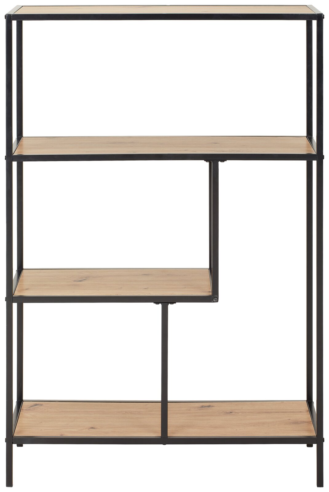 Halbhohes Regal mit Metallrahmen und Holzböden, frontale Ansicht