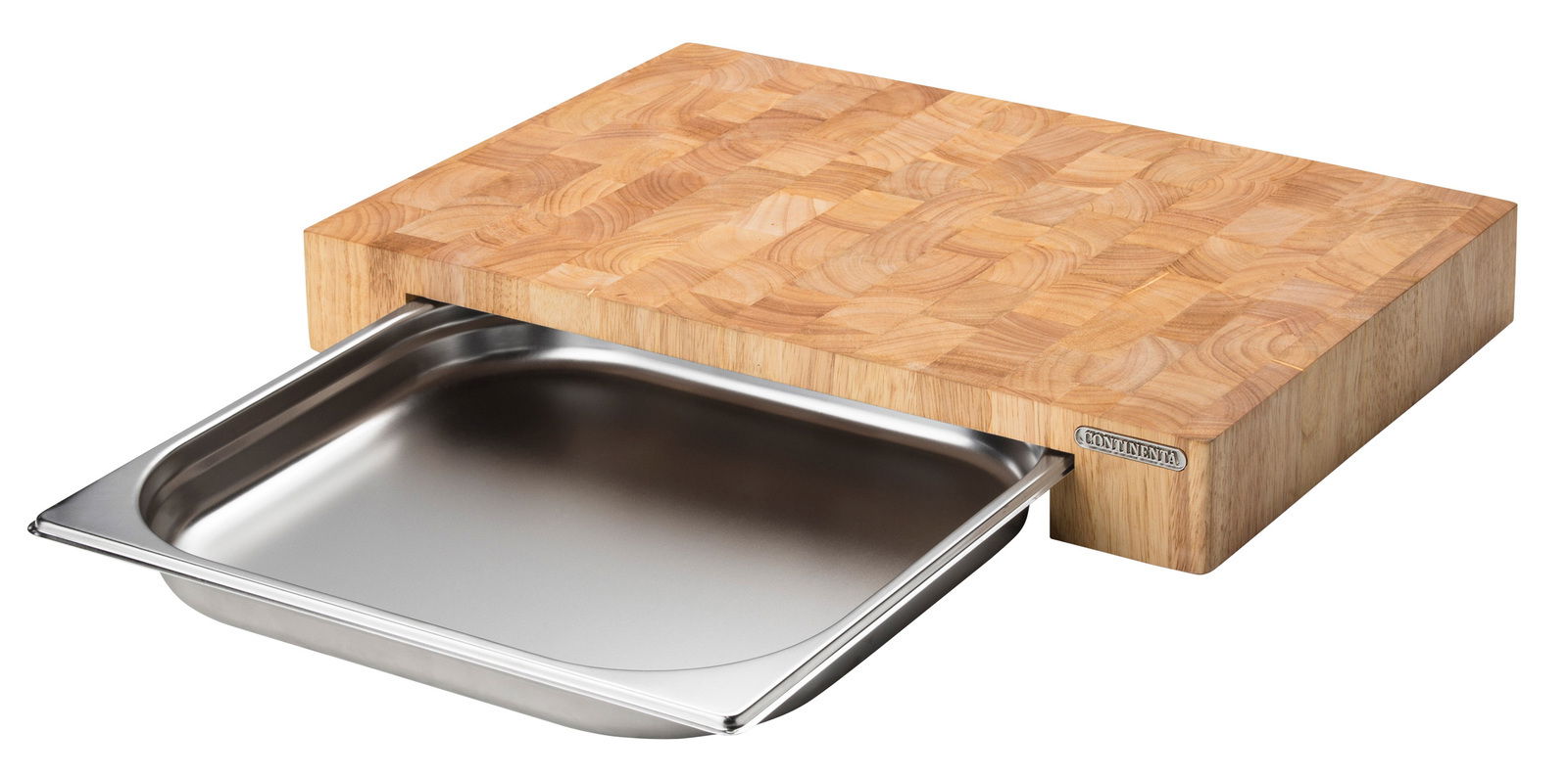 Schneidebrett aus Stirnholz mit herausziehbarer Edelstahlschale, seitliche Perspektive