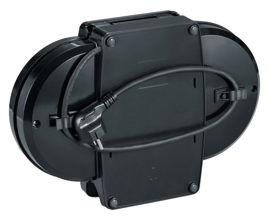 Rückansicht eines schwarzen Doppel-Waffelautomaten mit aufgewickeltem Kabel.