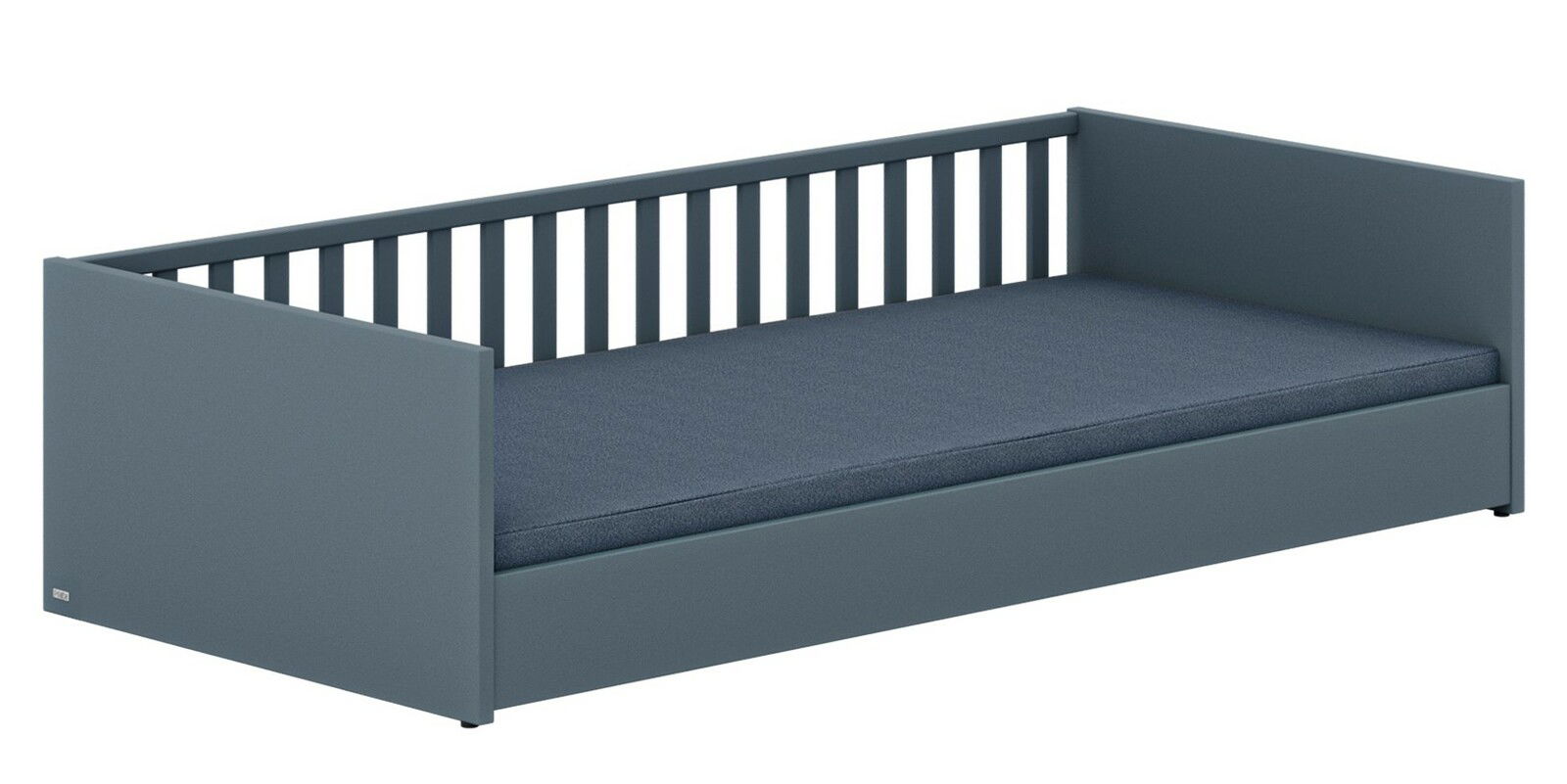 Graues Bodenbett mit Gitterrückwand, seitlicher Blick