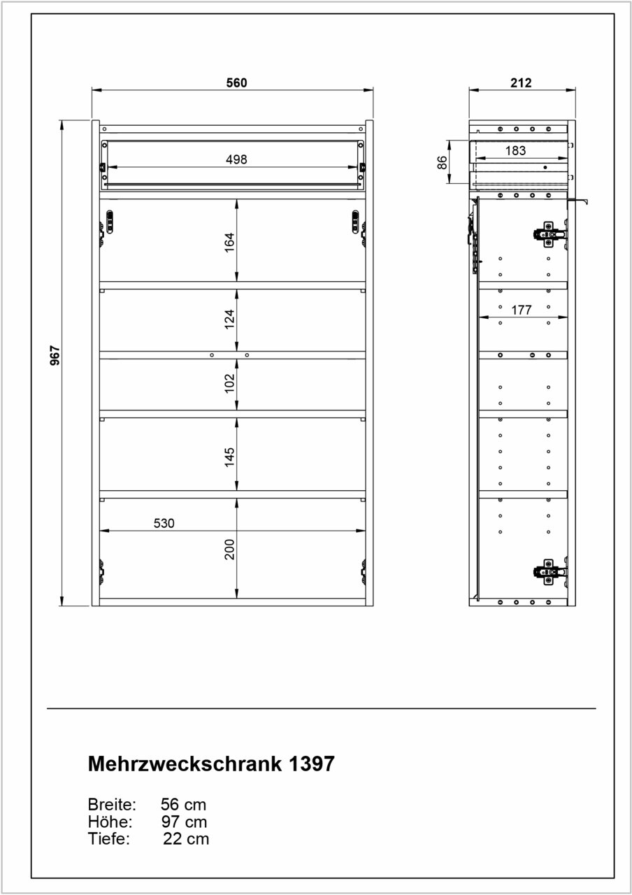 Technische Zeichnung eines Mehrzweckschranks mit den Maßen 56 cm Breite, 97 cm Höhe und 22 cm Tiefe, Vorder- und Seitenansicht.