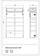 Technische Zeichnung eines Mehrzweckschranks mit den Maßen 56 cm Breite, 97 cm Höhe und 22 cm Tiefe, Vorder- und Seitenansicht.