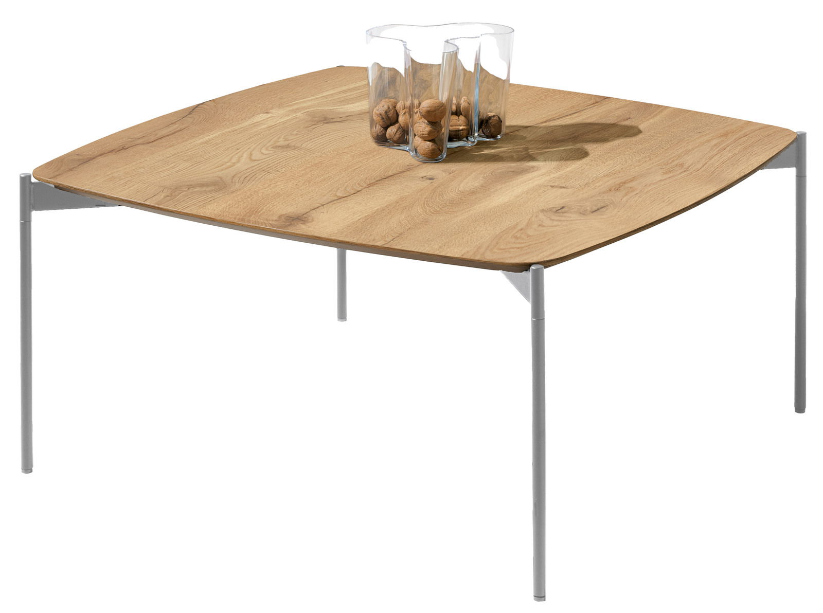 Moderner Couchtisch mit Holzplatte und schlanken Metallbeinen, seitliche Perspektive.