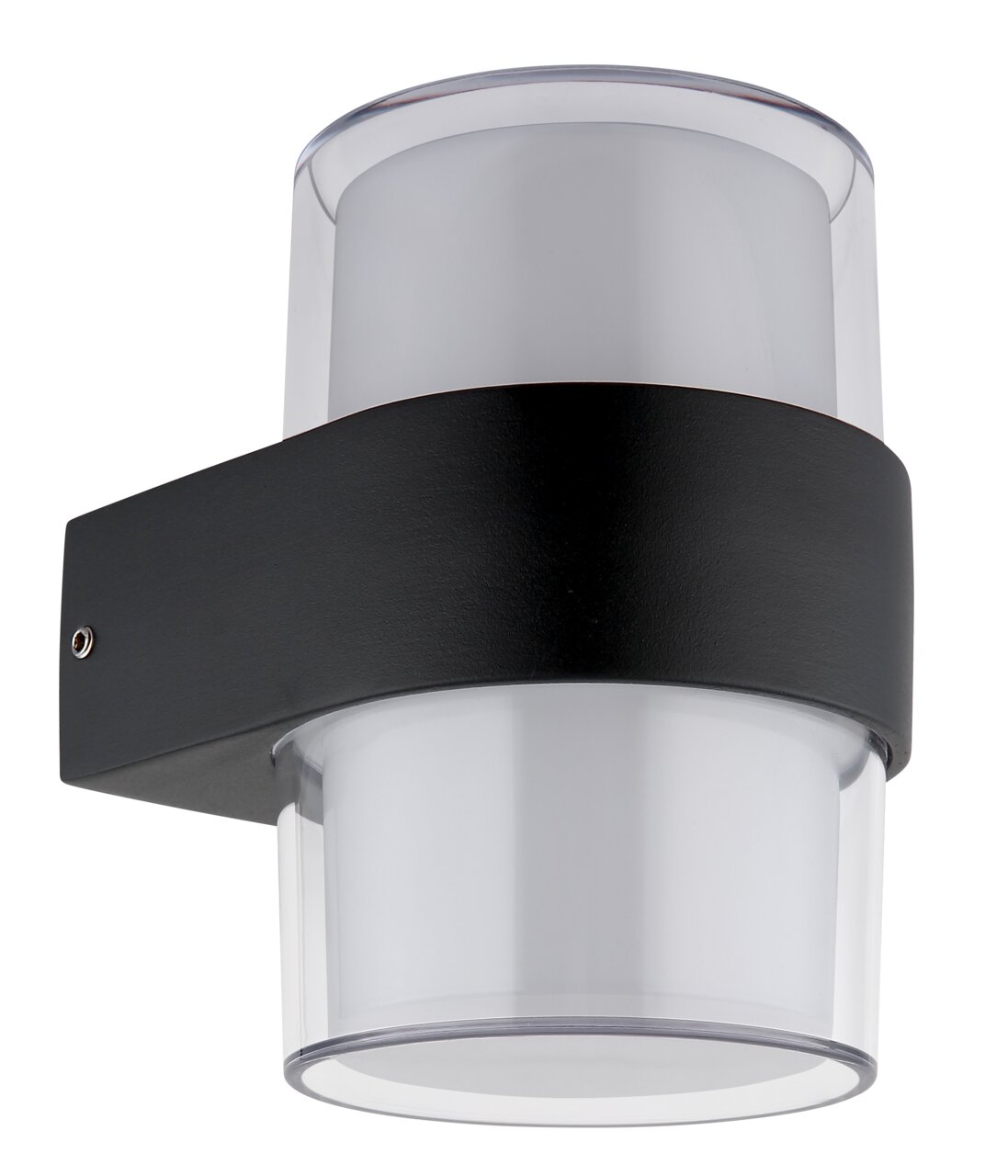 Moderne LED-Außenwandleuchte in zylindrischer Form, seitliche Perspektive