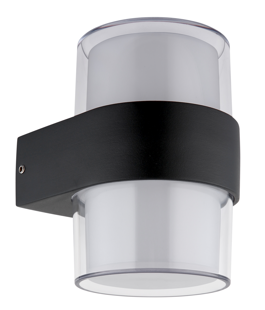 Moderne LED-Außenwandleuchte in zylindrischer Form, seitliche Perspektive