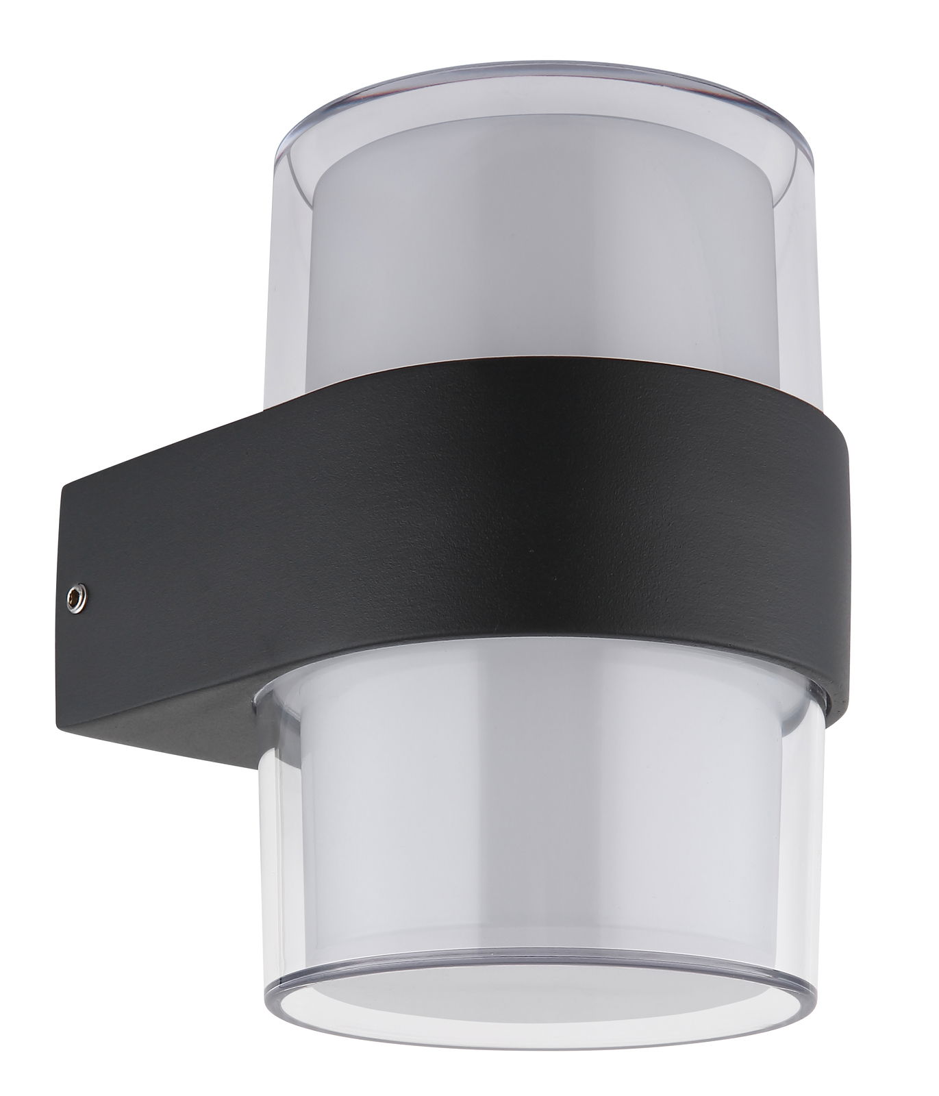 Moderne LED-Außenwandleuchte in zylindrischer Form, seitliche Perspektive