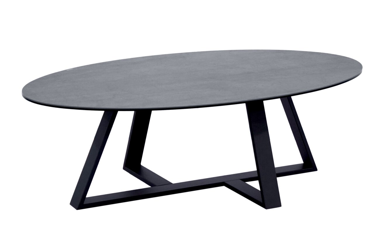 Novel Couchtisch SAVONA Moderner ovaler Couchtisch mit dunkler Tischplatte und schrägen Metallbeinen, seitliche Perspektive