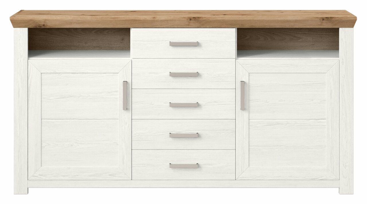 Frontale Ansicht eines modernen Sideboards mit weißer Holzoptik und naturbelassener Holzplatte, ausgestattet mit fünf Schubladen und zwei Türen.