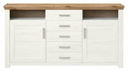 Frontale Ansicht eines modernen Sideboards mit weißer Holzoptik und naturbelassener Holzplatte, ausgestattet mit fünf Schubladen und zwei Türen.