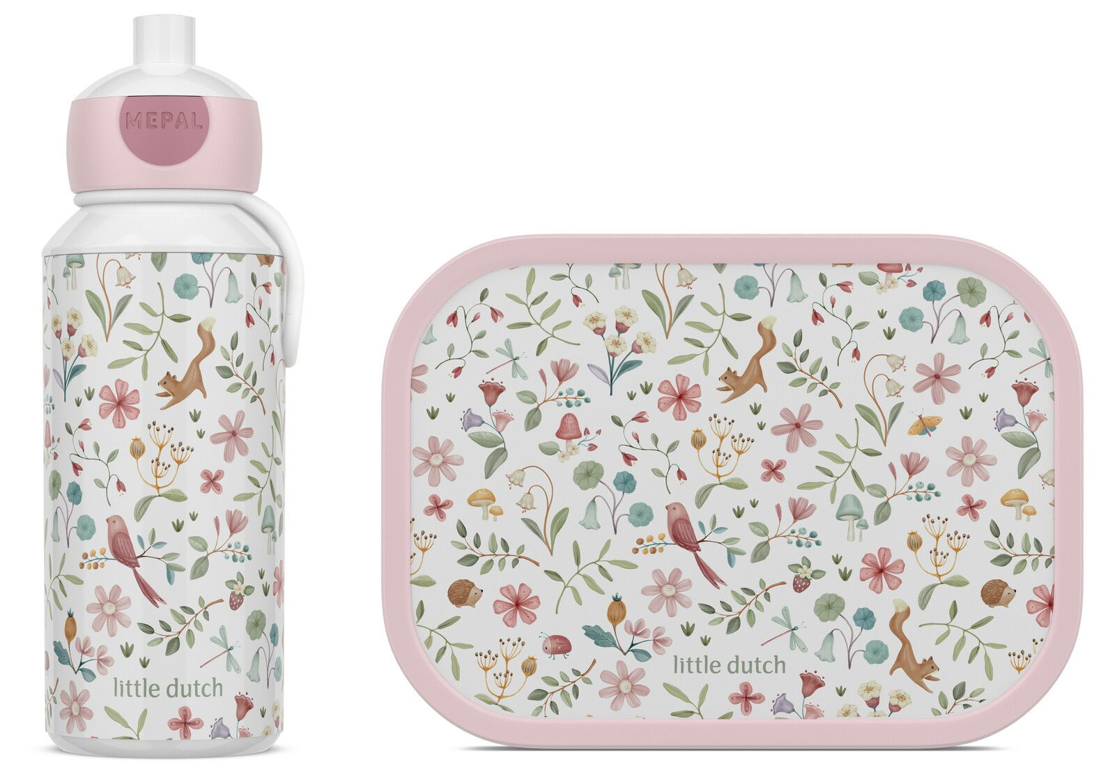 Lunchset Fairy Wonders mit Flasche und Brotdose, verziert mit Blumen- und Tiermotiven, Vorderansicht