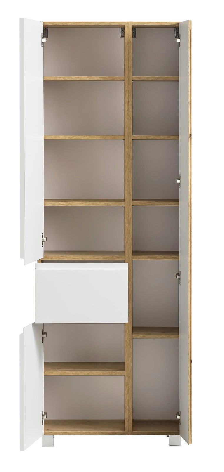 Hochschrank mit offenen Türen und Schublade, aus Holz und weißem Material, frontal betrachtet.