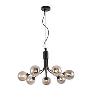 Moderne Hängeleuchte mit sechs kugelförmigen, rauchgrauen Glühbirnen, von unten betrachtet.