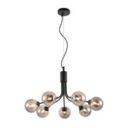 Moderne Hängeleuchte mit sechs kugelförmigen, rauchgrauen Glühbirnen, von unten betrachtet.