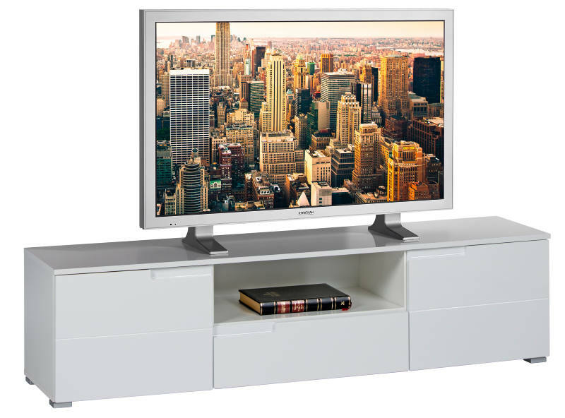 Weißes TV-Lowboard mit modernem Design, frontal abgebildet, mit einem Fernseher und Büchern auf der Ablage.