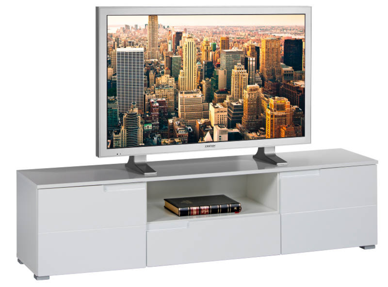 BOXXX TV-Lowboard SILAS Weißes TV-Lowboard mit modernem Design, frontal abgebildet, mit einem Fernseher und Büchern auf der Ablage.