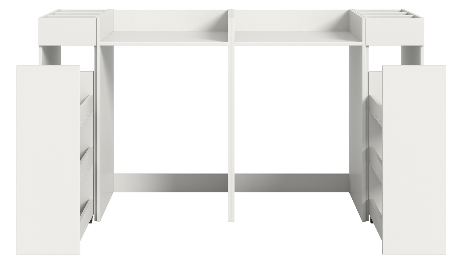 Frontansicht eines weißen Waschmaschinenumbausets mit Regalen und Schubladen.