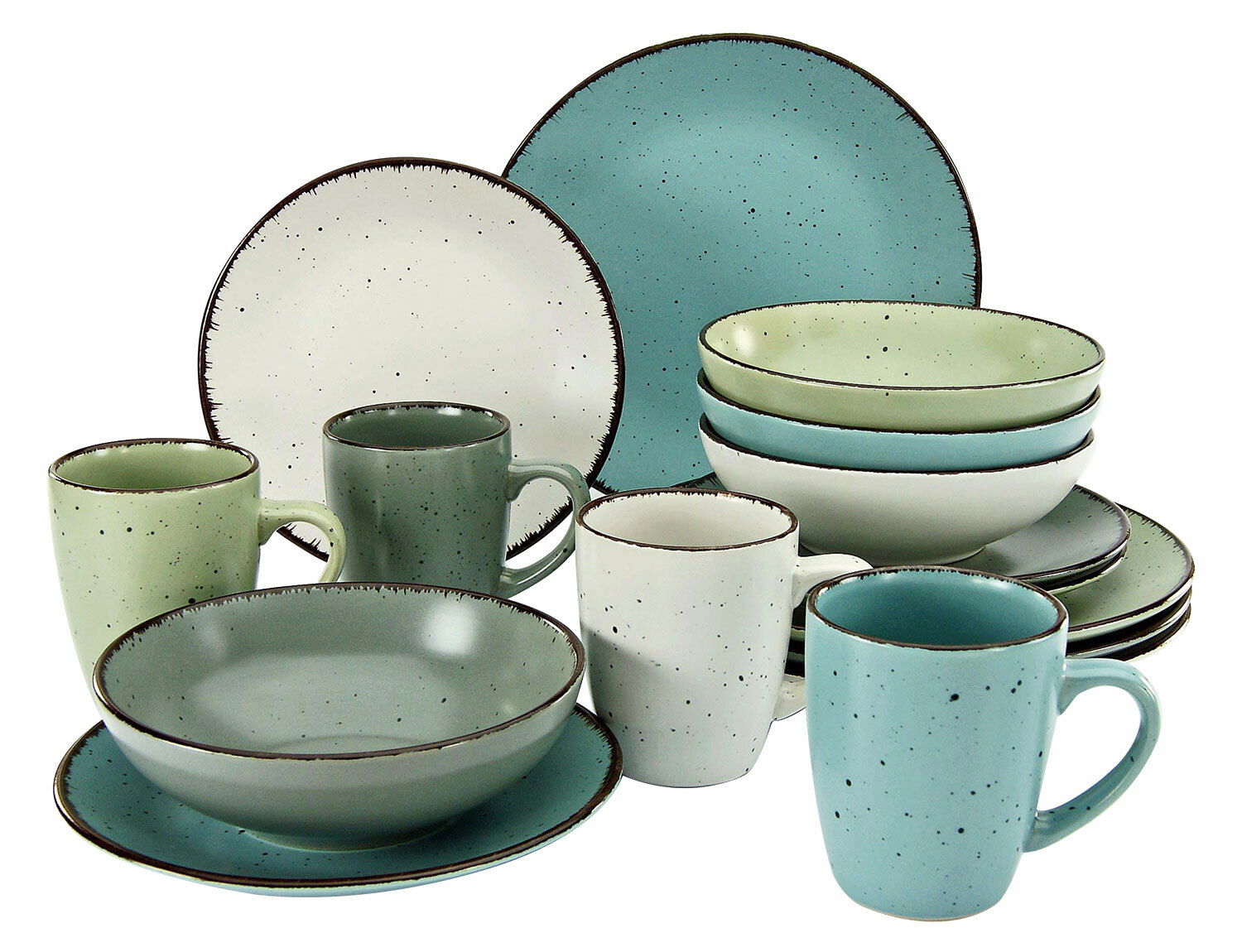 Kombiservice 16-tlg. Fashion in verschiedenen Farben, bestehend aus Tellern, Schalen und Tassen, aus einer leicht erhöhten Perspektive fotografiert.