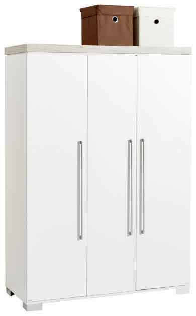 Weißer dreitüriger Kleiderschrank mit silbernen Griffen, frontal abgebildet, mit zwei Aufbewahrungsboxen oben.