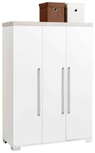 Paidi Kleiderschrank KIRA Weißer dreitüriger Kleiderschrank mit silbernen Griffen, frontal abgebildet, mit zwei Aufbewahrungsboxen oben.
