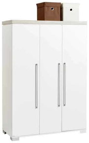 Weißer dreitüriger Kleiderschrank mit silbernen Griffen, frontal abgebildet, mit zwei Aufbewahrungsboxen oben.