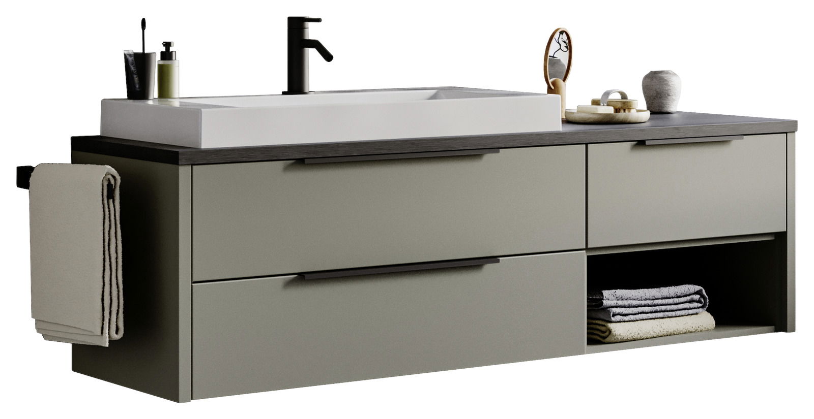 Novel Waschtisch-Set NV.021 Moderner Waschtisch mit grauen Schubladen, schwarzem Wasserhahn und seitlichem Handtuchhalter, seitliche Perspektive