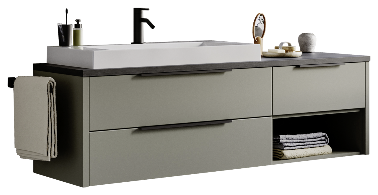 Novel Waschtisch-Set NV.021 Moderner Waschtisch mit grauen Schubladen, schwarzem Wasserhahn und seitlichem Handtuchhalter, seitliche Perspektive