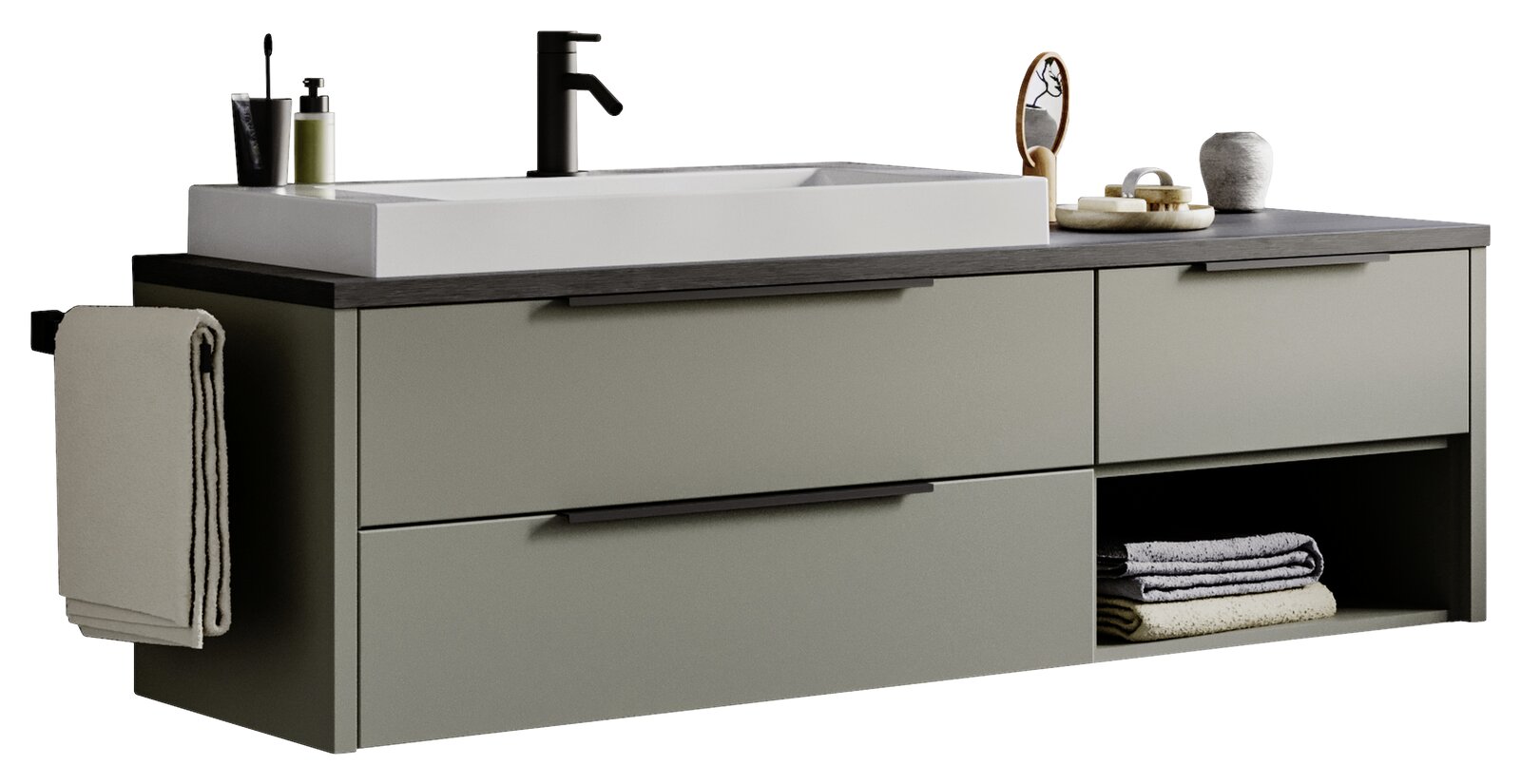Moderner Waschtisch mit grauen Schubladen, schwarzem Wasserhahn und seitlichem Handtuchhalter, seitliche Perspektive
