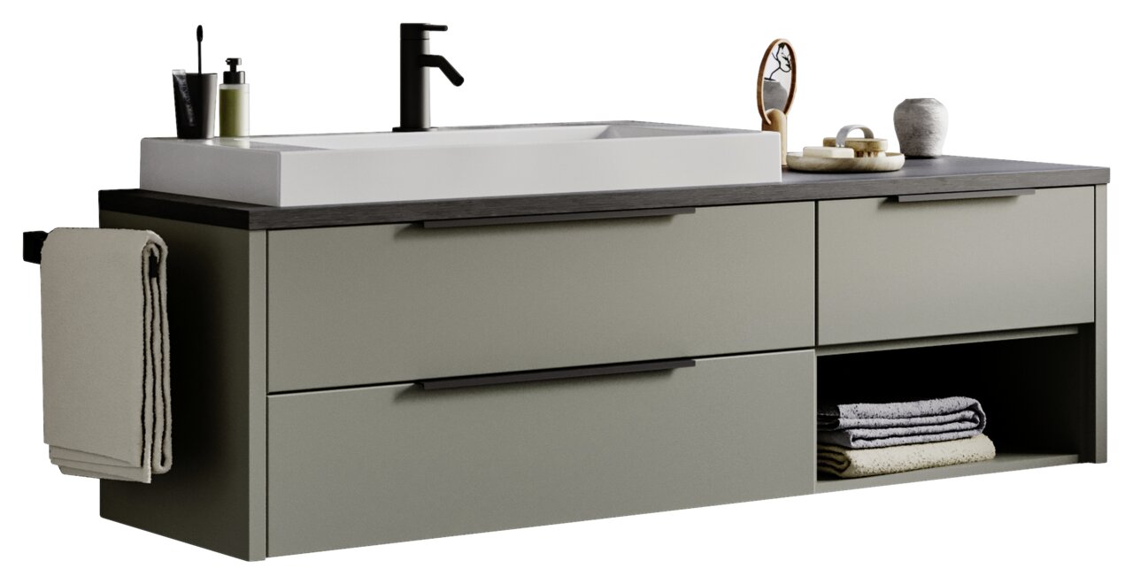 Novel Waschtisch-Set NV.021 Moderner Waschtisch mit grauen Schubladen, schwarzem Wasserhahn und seitlichem Handtuchhalter, seitliche Perspektive