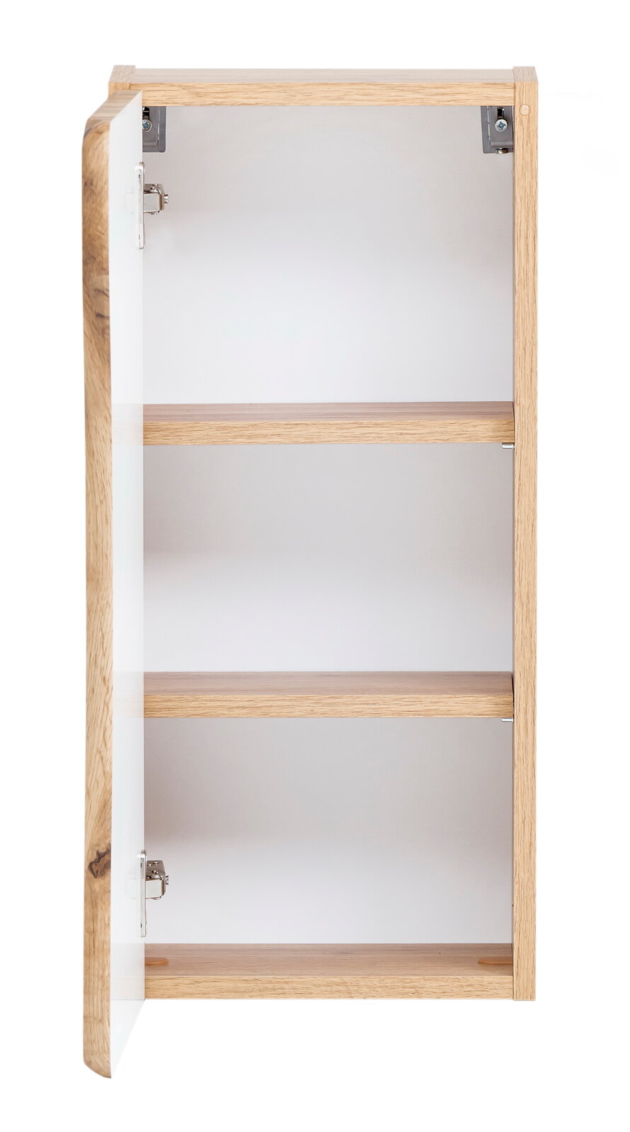 Offener Hängeschrank aus Holz mit zwei Einlegeböden, Frontalansicht