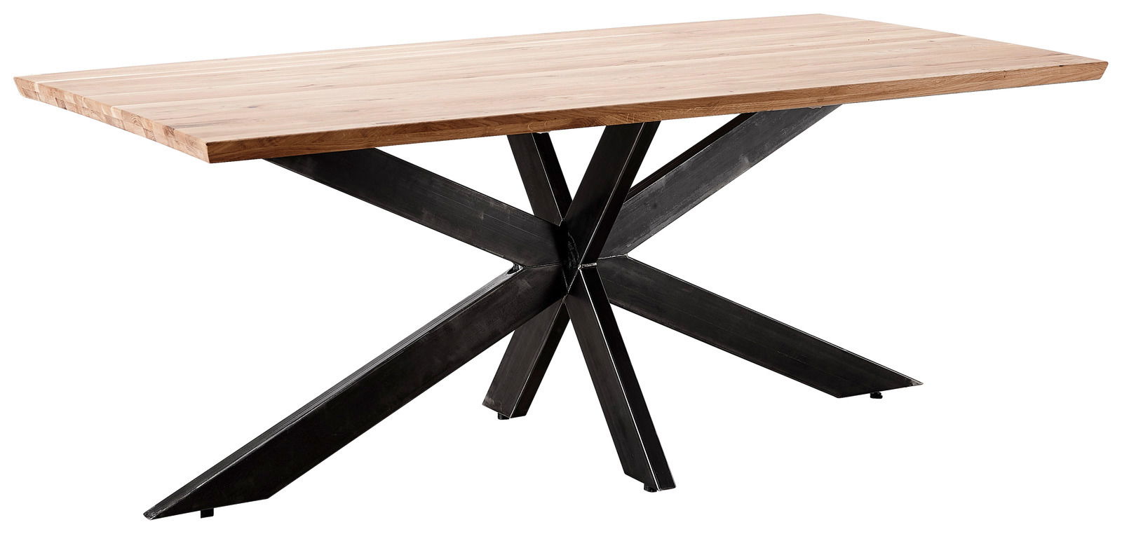 Linea Natura Esstisch SPIDER II Moderner Esstisch mit Holzplatte und schwarzem Metallgestell, seitliche Perspektive