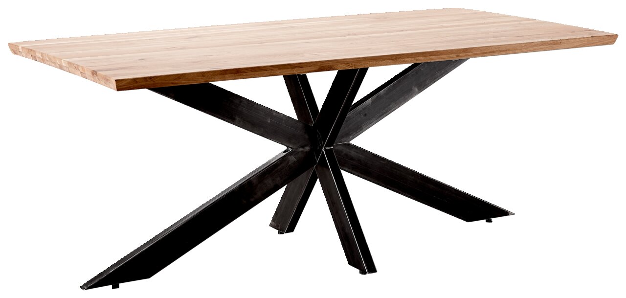 Moderner Esstisch mit Holzplatte und schwarzem Metallgestell, seitliche Perspektive